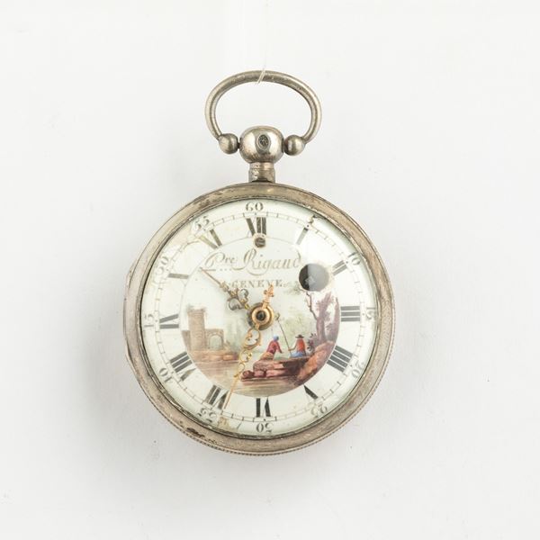 “P Rigaud” : orologio da tasca svizzero, 1790 circa. Cassa in argento, movimento con scappamento a verga e conoide, quadrante in smalto bianco decorato ( filature ).