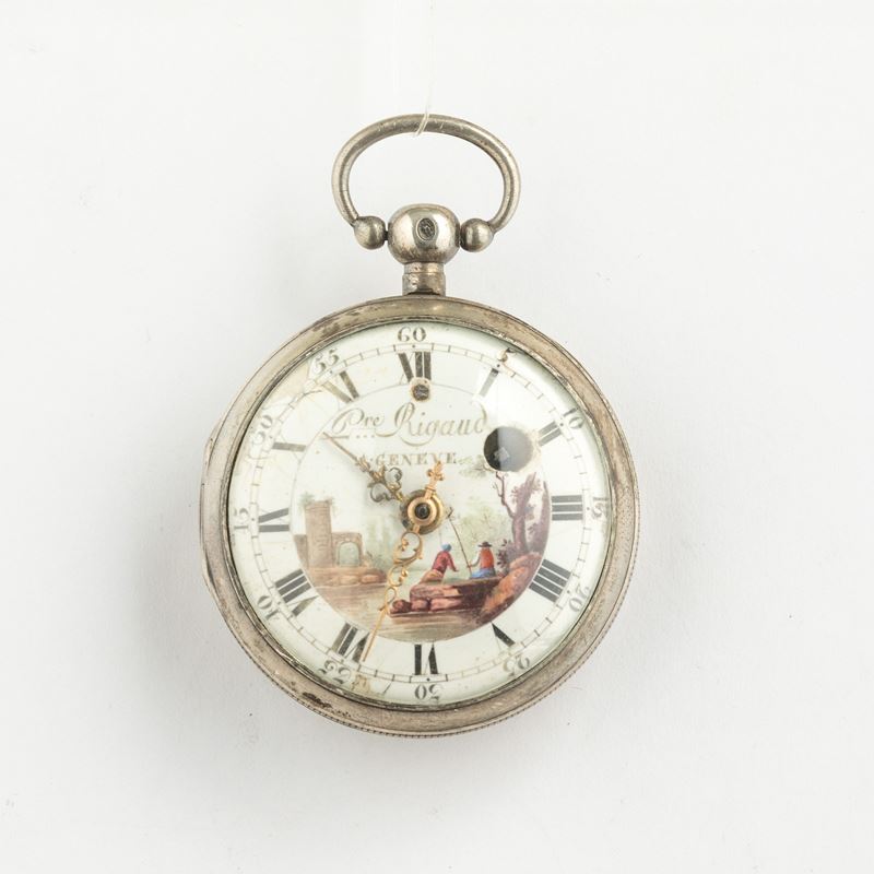 “P Rigaud” : orologio da tasca svizzero, 1790 circa. Cassa in argento, movimento con scappamento a verga e conoide, quadrante in smalto bianco decorato ( filature ).  - Asta Pocket Watches - Cambi Casa d'Aste