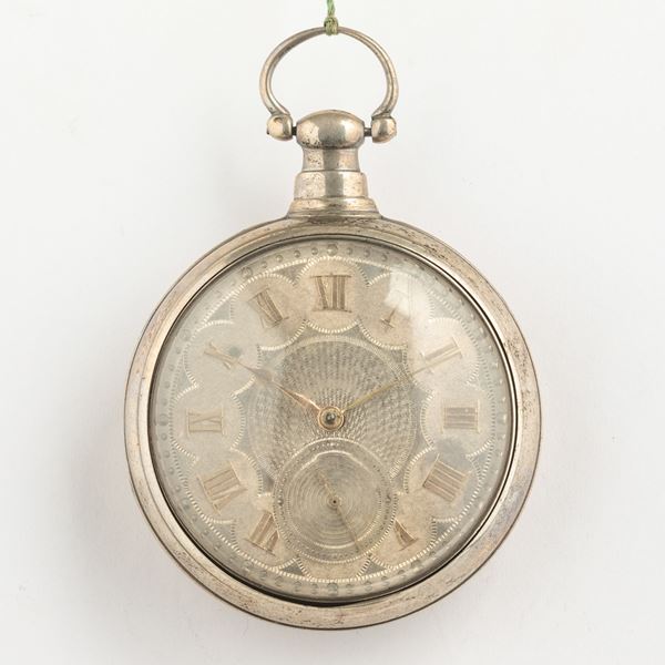 Orologio da tasca inglese in doppia cassa con scappamento ad ancora, quadrante in argento con cifre in oro