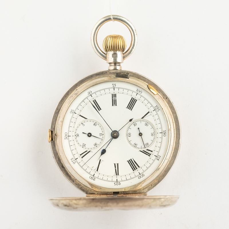 Cronografo anonimo monopulsante , 1920 circa,  in cassa savonnette in argento, quadrantre in smalto bianco  - Auction Pocket Watches - Cambi Casa d'Aste