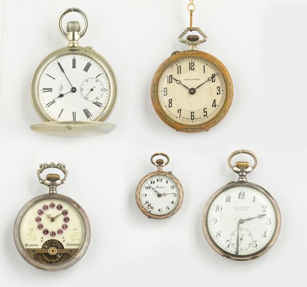 Lotto di 5 orologi remontoir in argento di cui uno Hebdomas 8 giorni di carica