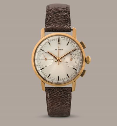 Zenith - Cronografo Due Contatori Tasti Quadri in Oro Giallo 18k, Quuadrante Argentè Carica Manua...