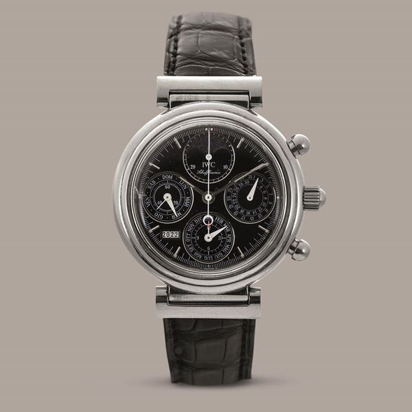 IWC - Da Vinci ref 3750, cronografo perpetuale automatico in acciaio, pulsanti a pompa, anse snodabili con scatola e garanzia