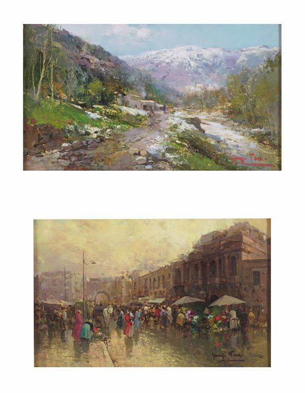 Giuseppe Pesa - Paesaggio montano e scena di mercato