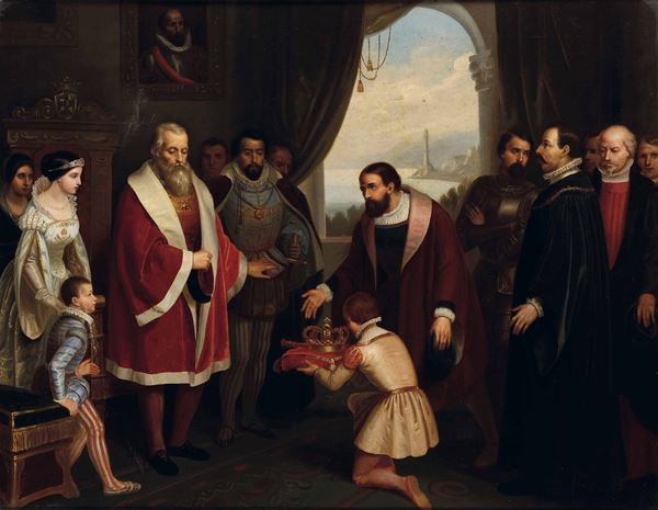 Scuola del XIX secolo Andrea Doria riceve la corona di Genova Partenza per la battaglia di un armigero