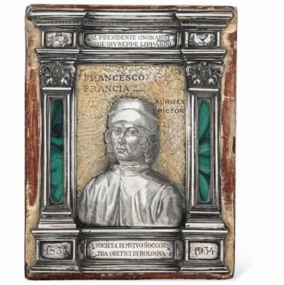 Targa Commemorativa. Argento Fuso, Sbalzato e Cesellato. Malachite su Tavola in Legno Dorata, Arg...