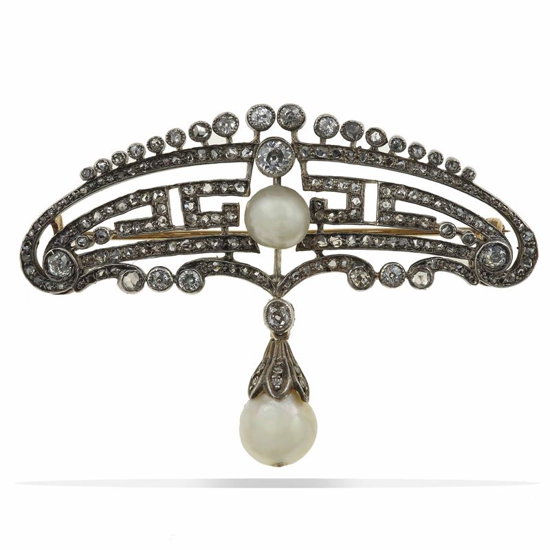 Natural pearl, diamond, gold and silver brooch  - Auction Fine Jewels - Cambi Casa d'Aste