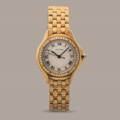 Cartier - Panthere Cougar in Oro Giallo 18k, Ghiera con Brillanti, Quadrante Argenté con Numeri R...