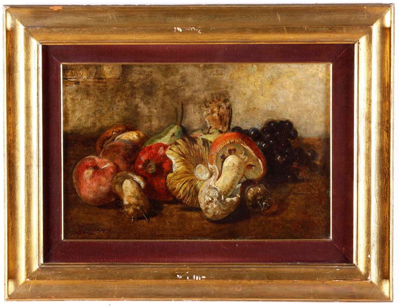 Grosso Natura morta con frutta e funghi  - Asta Dipinti del XIX-XX secolo - Cambi Casa d'Aste