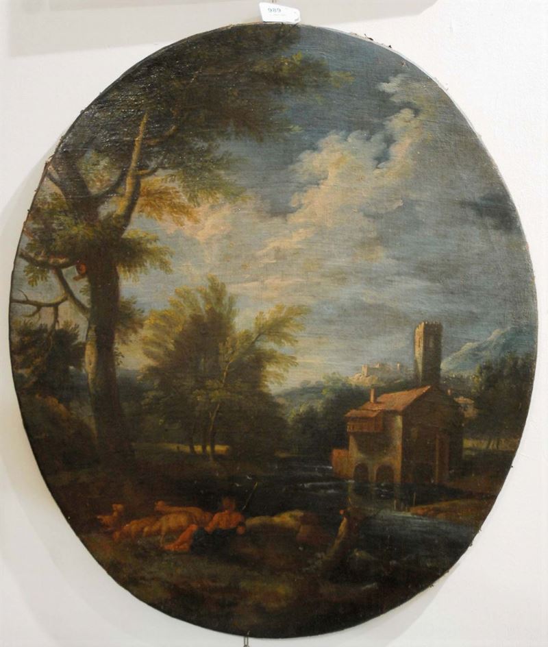 Scuola Genovese del XVIII secolo Paesaggio con figure  - Asta Antiquariato e Dipinti Antichi - II - Cambi Casa d'Aste