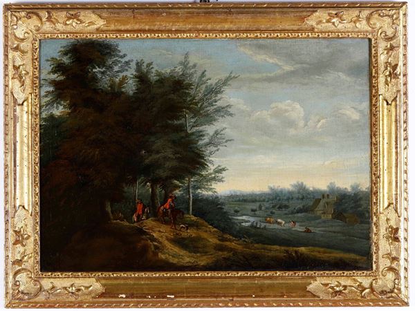 Scuola del XVIII secolo Paesaggio con cacciatori e contadine
