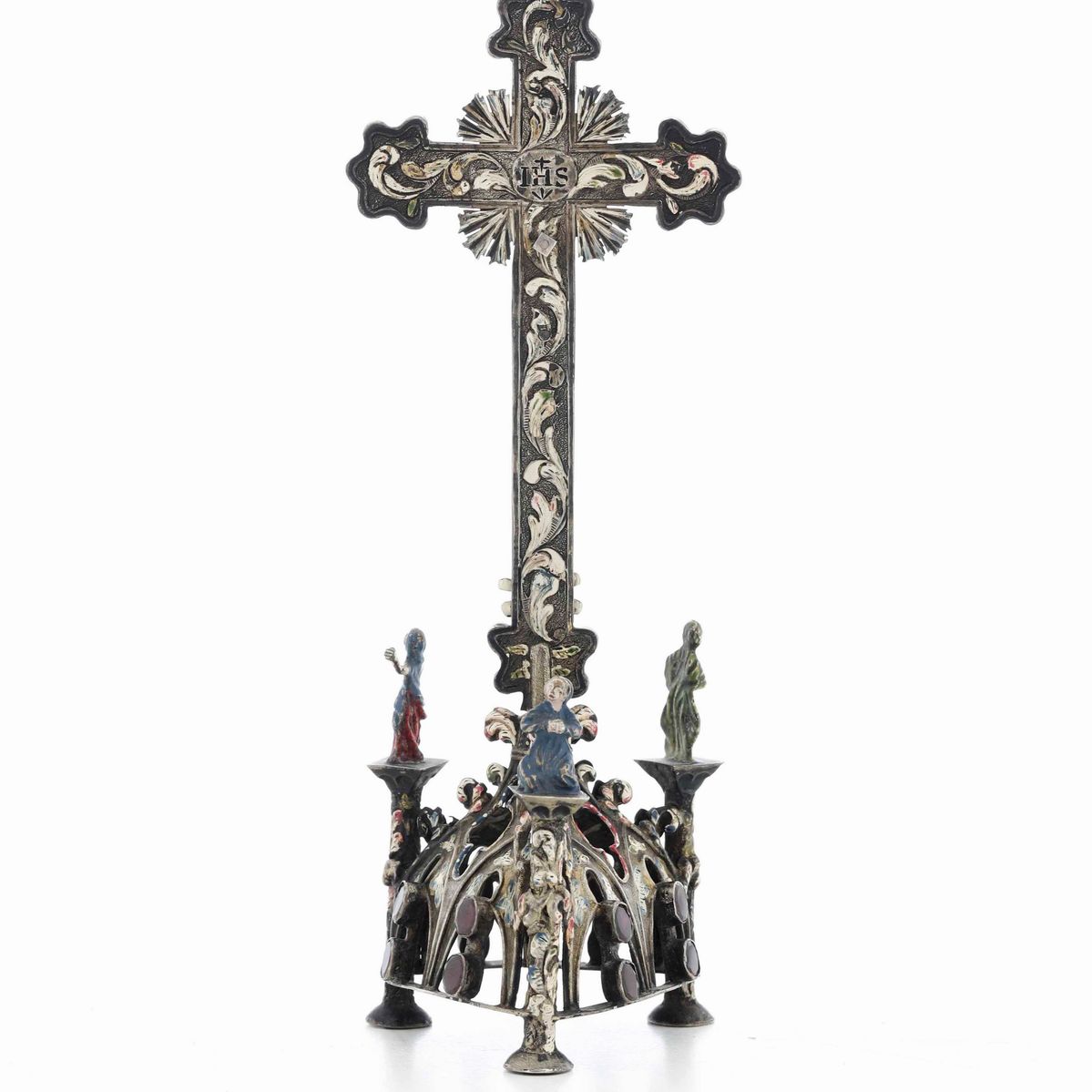 Crocifisso da Meditazione. Argento Fuso, Traforato, Cesellato e Smaltato. Castoni con Pietre Colo...