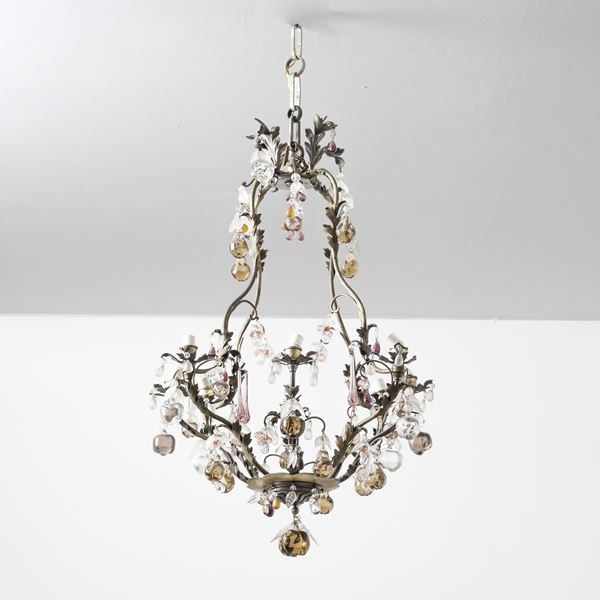 Lampadario in metallo e vetro. XX secolo