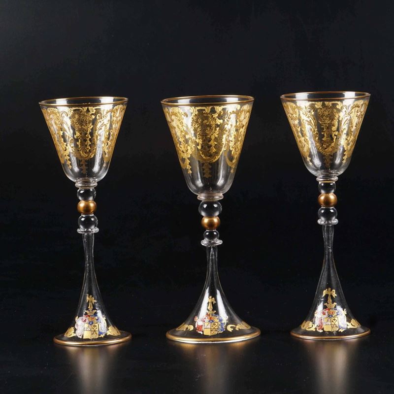 Sei calici da liquore con stemma araldico Murano, Ars Cenedese Murano, XX secolo  - Asta L'Art de la Table - Cambi Casa d'Aste