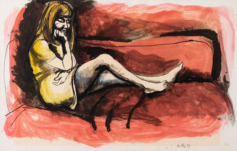 Renato Guttuso - Donna Sdraiata su Fondo Rosso