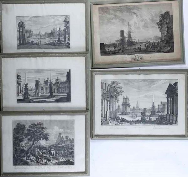 Nove stampe da Bibbiena con vedute di città e paesaggi, XVIII  secolo
