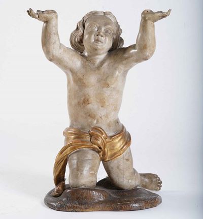 Putto Inginocchiato. Legno Dipinto e Dorato. Arte Barocca del XVII-XVIII Secolo