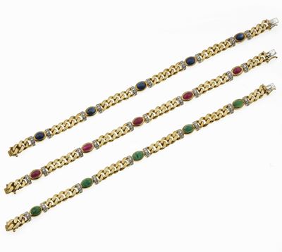 Bracciali in oro giallo 750/1000 con rubini, zaffiri, smeraldi e diamanti