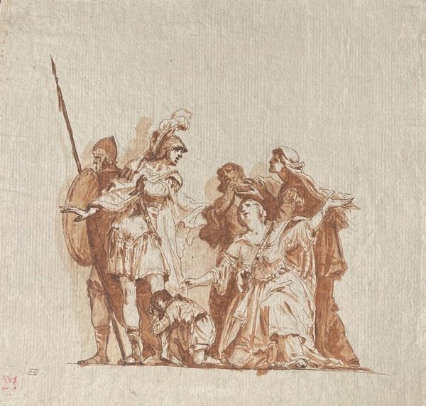 Scuola veneta del XVIII secolo Gruppo di figure con soldati e madri imploranti