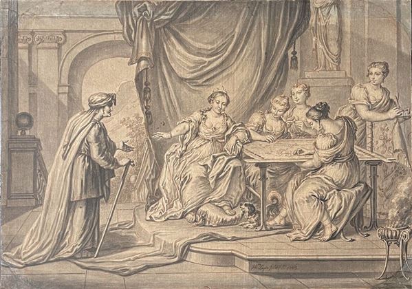 Hieronymus Lapis (Venezia 1713/33 - L'Aia 1798) Una regina intenta a ricamare insieme alle sue ancelle riceve la visita di un'indovina