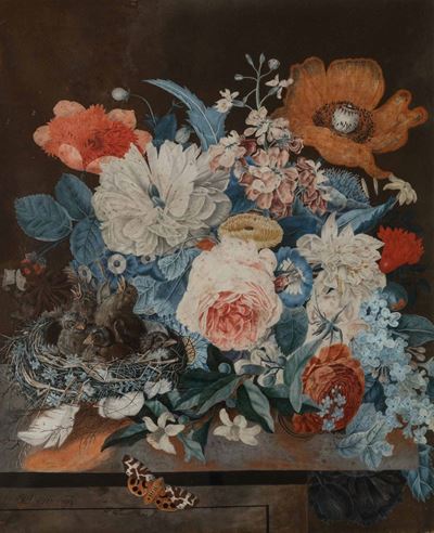 Scuola del XVIII Secolo Nature Morte con Composizioni di Fiori, Frutti, Uccellini e Farfalle