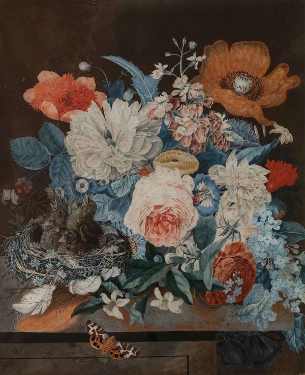 Scuola del XVIII secolo Nature morte con composizioni di fiori, frutti, uccellini e farfalle