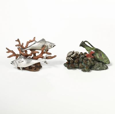 Manifattura artistica italiana, Due composizioni a soggetto marino - Argento, corallo, bronzo