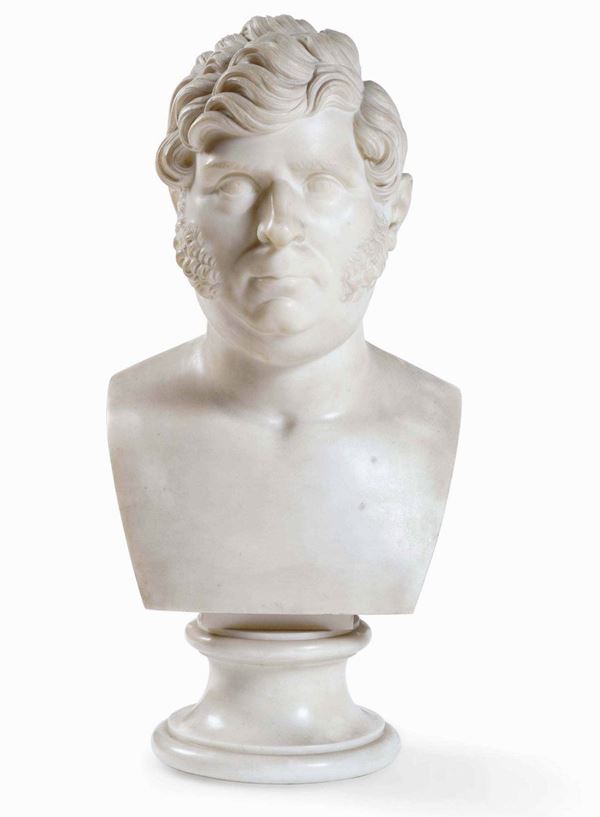 Busto di gentiluomo all’eroica. Marmo bianco. Arte neoclassica del XIX secolo