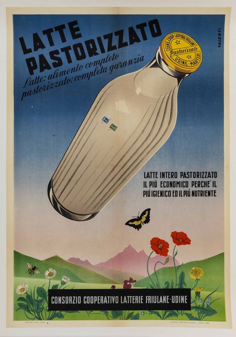 Valenti : Latte Pastorizzato - Latterie Friulane Udine  - Asta POP Culture e Manifesti d'Epoca - Cambi Casa d'Aste