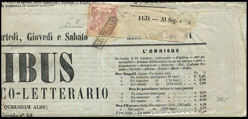 1860, Regno di Napoli, giornale completo “l’Omnibus" da Napoli, del 22 settembre 1860  - Asta Filatelia e Storia Postale - Cambi Casa d'Aste