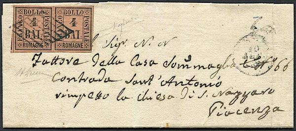 1859, Romagne, lettera da una Direzione della terza Distanza (probabilmente Ferrara) per Piacenza, del 10 settembre 1859