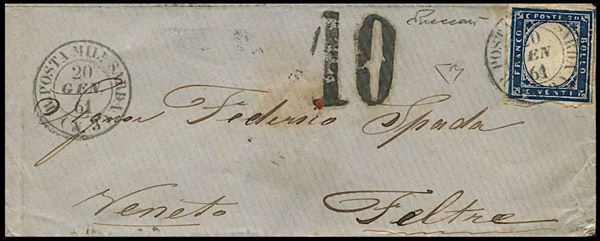 1861, Sardegna, Assedio di Gaeta, lettera da “R. POSTA MIL.RE SARDA (3)” per Feltre del 20 gennaio 1861