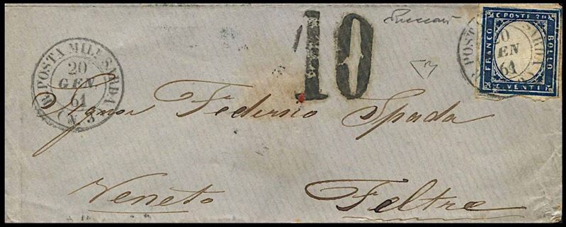 1861, Sardegna, Assedio di Gaeta, lettera da “R. POSTA MIL.RE SARDA (3)” per Feltre del 20 gennaio 1861  - Auction Philately and Postal History - Cambi Casa d'Aste