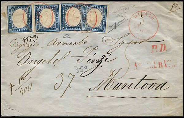 1861, Sardegna, assicurata da Milano per Mantova del 1° febbraio 1861