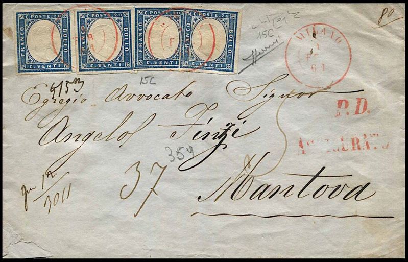1861, Sardegna, assicurata da Milano per Mantova del 1° febbraio 1861  - Asta Filatelia e Storia Postale - Cambi Casa d'Aste