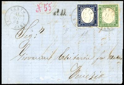 1862, Sardegna, Lettera da Cento per Venezia affrancata con 5 cent. di Sardegna e 20 cent. d'Ital...