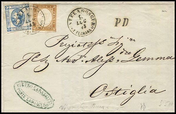 1863, Regno d’Italia, lettera da Pontelagoscuro per Ostiglia del 9 luglio 1863