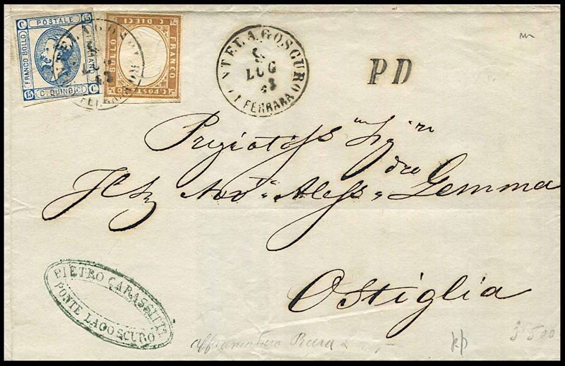 1863, Regno d’Italia, lettera da Pontelagoscuro per Ostiglia del 9 luglio 1863  - Asta Filatelia e Storia Postale - Cambi Casa d'Aste