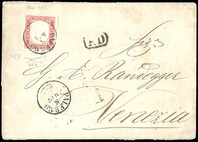 1863, Sardegna, lettera da Palermo per Venezia affrancata con francobollo da 40 centesimi (16Ea)