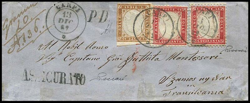 1862, Sardegna, assicurata da Carpi per Szamos Ujvar (Transilvania, Romania) del 13 dicembre 1862  - Auction Philately and Postal History - Cambi Casa d'Aste