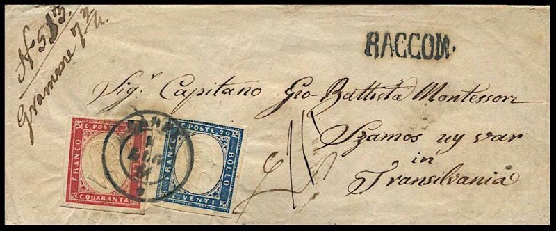 1861, Sardegna, raccomandata da Carpi (Mo), per Szamos Ujvar (Transilvania, Romania) del 9 luglio 1861  - Asta Filatelia e Storia Postale - Cambi Casa d'Aste