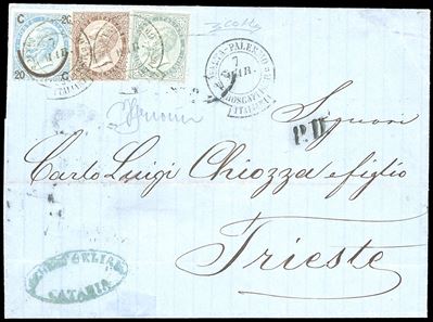 1865, Regno D’italia, Lettera da Catania per Trieste del 7 Marzo Affrancata con 5 e 30 Cent. Dlr ...