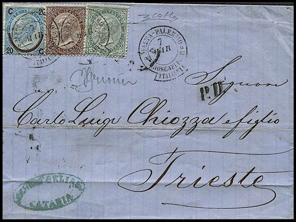 1865, Regno d’Italia, lettera da Catania per Trieste del 7 marzo 1865