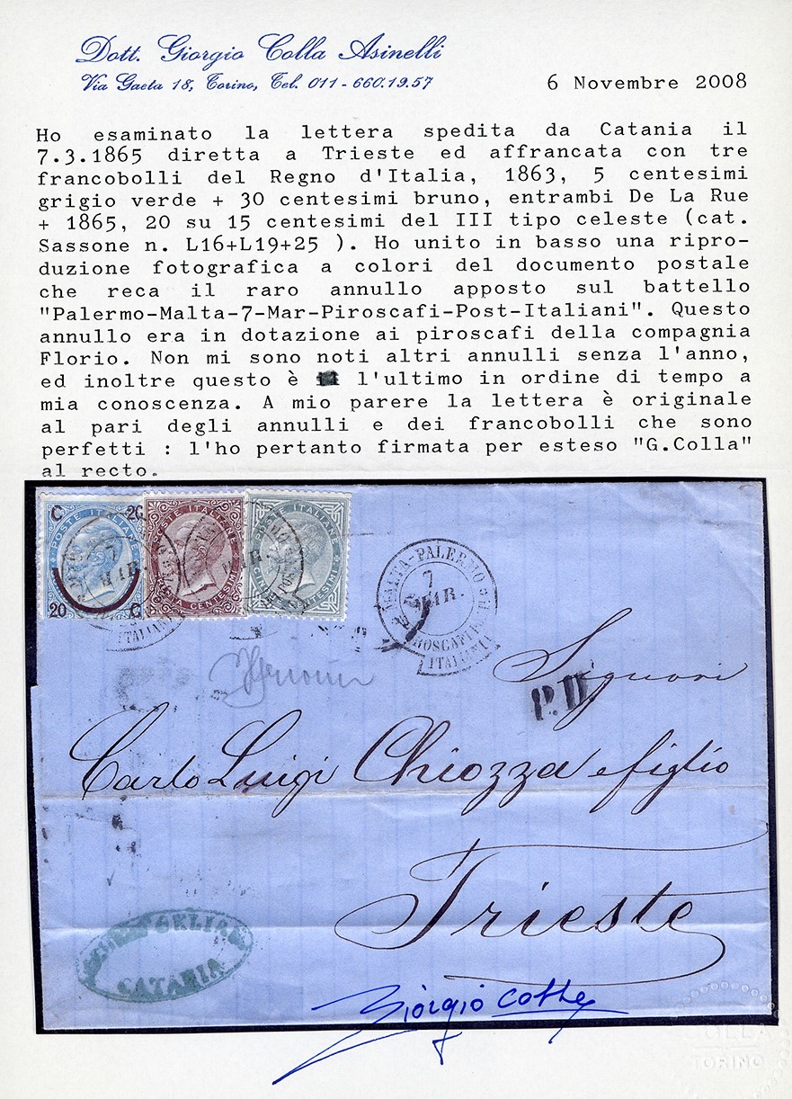 1865, Regno d’Italia, Lettera da Catania a Trieste con affrancatura rara