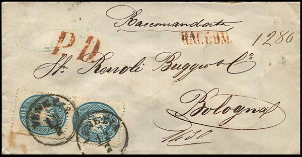 1865, Lombardo Veneto, raccomandata da Venezia per Bologna del 12 febbraio 1865