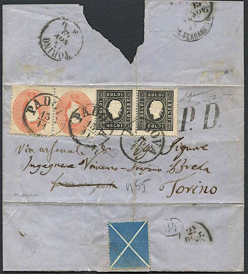 1862, Lombardo Veneto, gran parte di foglio per lettera da Padova per Torino del 13 novembre 1862  - Asta Filatelia e Storia Postale - Cambi Casa d'Aste