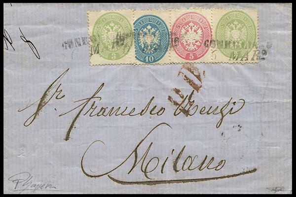 1864, Lombardo veneto, lettera priva di testo da Conegliano per Milano del 5 marzo 1864