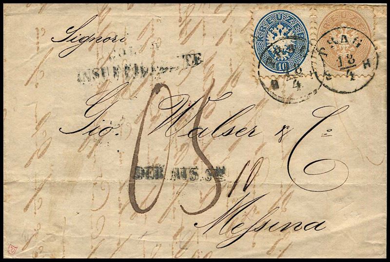 1866, Austria, lettera da Praga (Cecoslovacchia) per Messina del 18 aprile 1866  - Asta Filatelia e Storia Postale - Cambi Casa d'Aste