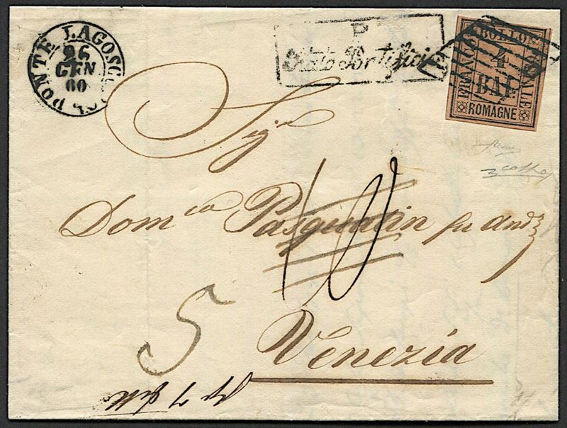 1860, Romagne, lettera da Pontelagoscuro per Venezia del 26 gennaio 1860  - Asta Filatelia e Storia Postale - Cambi Casa d'Aste