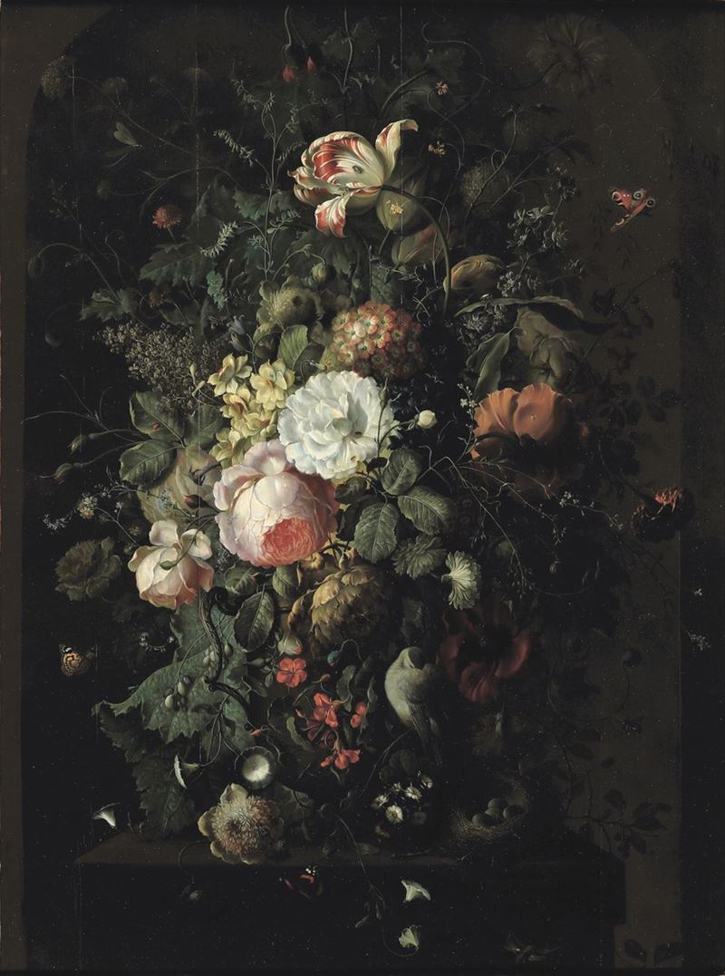 Scuola olandese del XIX secolo Natura morta con fiori e nido  - olio su tavola - Asta Old Masters - Cambi Casa d'Aste